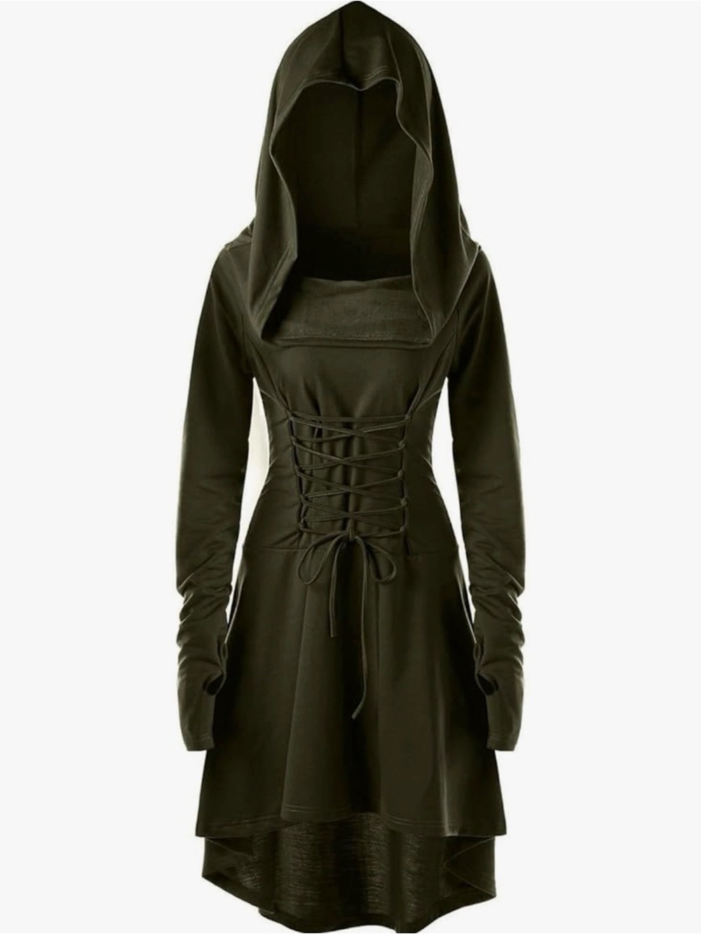 Renaissance Faire Hooded Lace-Up A-Line Dress in Dark Olive
